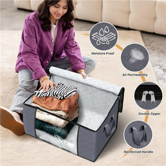 Fab totes 6 Pack Clothes Storage Foldable Thick Fabric Blanket Storage Bags Grey - Picture 4 of 6